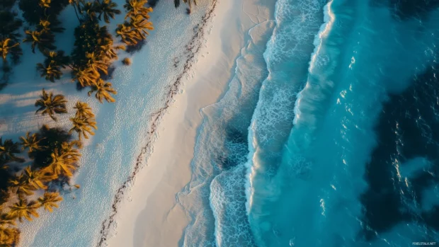 A pristine Bahamas beach surrounded by palm tree.