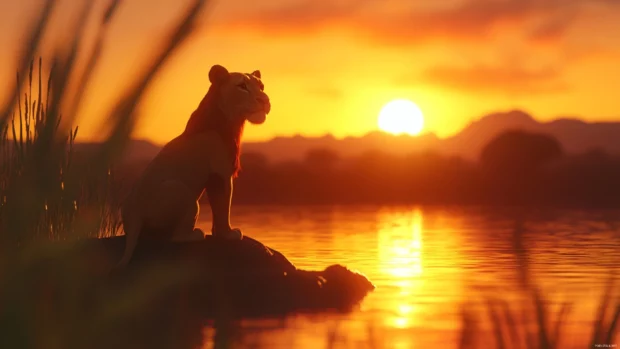 A proud lion king standing at sunrise, a new era beginning under its rule, hope and strength radiating in the air .
