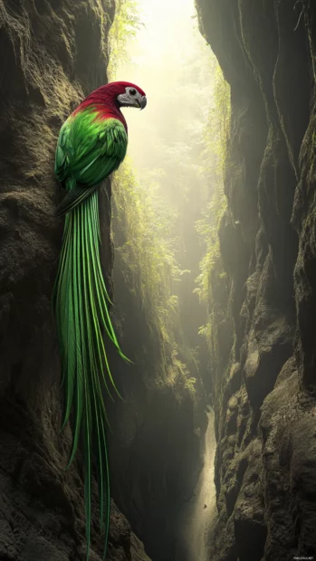 A quetzal captured in a narrow mountain forest path, glowing emerald tail trailing downward in perfect vertical alignment.