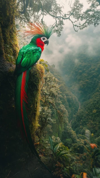 A quetzal captured in a narrow mountain forest path, glowing emerald tail trailing downward in perfect vertical alignment.