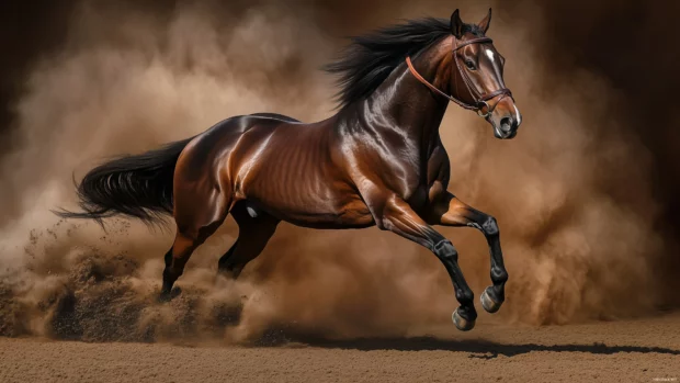A racehorse sprinting down the track, dust flying behind, legs blurred.