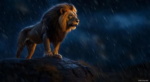 A raging lion, rain pouring down its face, standing atop a cliff, its roar echoing through the stormy night sky.