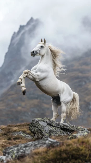 A rearing white stallion, exuding strength against foggy peaks.