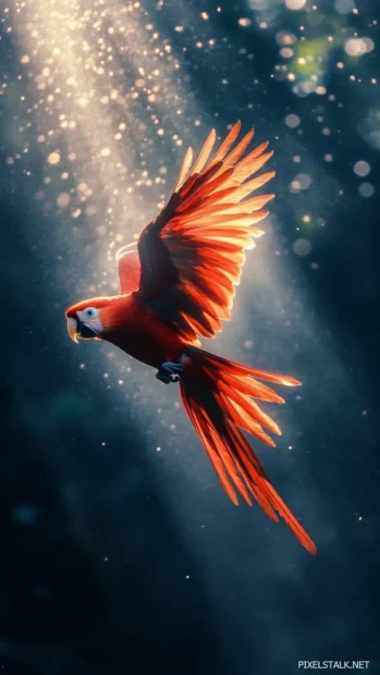 A red parrot captured vertically as it flies upward through jungle mist, wings catching beams of sunlight.
