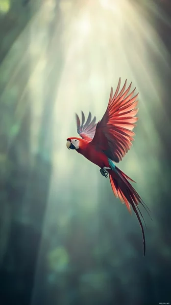 A red parrot captured vertically as it flies upward through jungle mist, wings catching beams of sunlight.