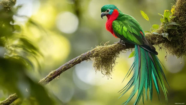 A resplendent quetzal perched high in the cloud forest, tail feathers cascading in emerald green.