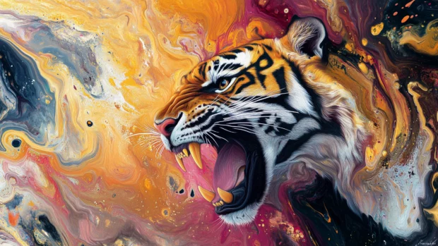 A roaring tiger emerging from a swirl of colorful paint splashes, dynamic brushstroke effects in shades of orange, red, and black, intense eyes locked forward, digital abstract art style.
