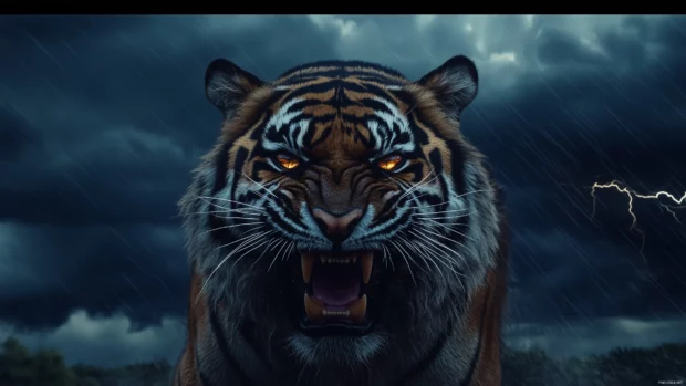 A roaring tiger wallpaper with sharp fangs bared, eyes glowing with fiery rage.