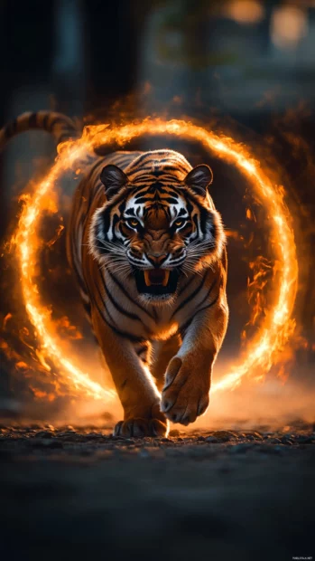 A roaring tiger with an ethereal golden aura, standing in the middle of a glowing sacred circle.