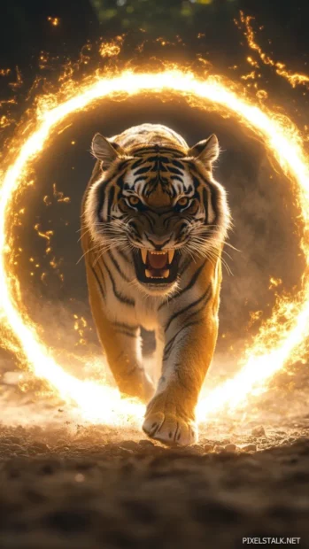 A roaring tiger with an ethereal golden aura, standing in the middle of a glowing sacred circle.