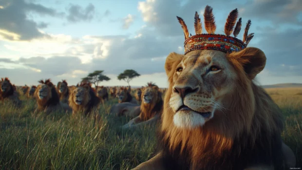 A royal lion wearing a ceremonial tribal crown, surrounded by its loyal pride, exuding leadership and nobility .