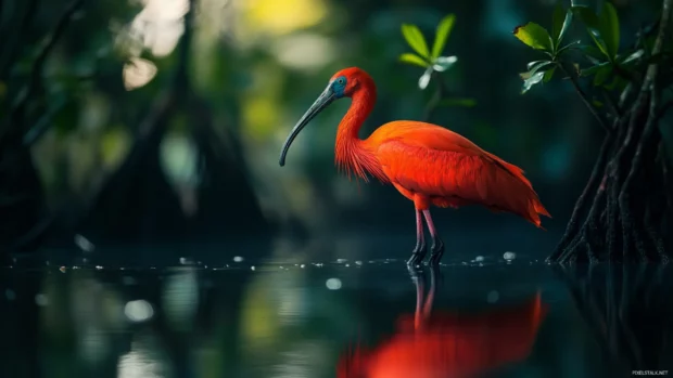 A scarlet ibis wading through a shallow mangrove marsh, red feathers reflecting in the water.