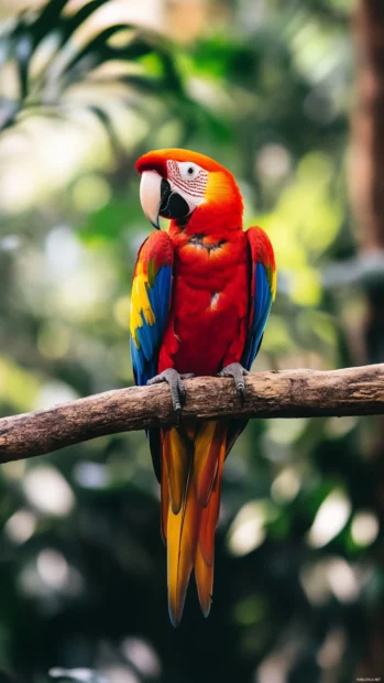 A scarlet macaw perched on a vertical branch, jungle leaves softly blurred in the background.