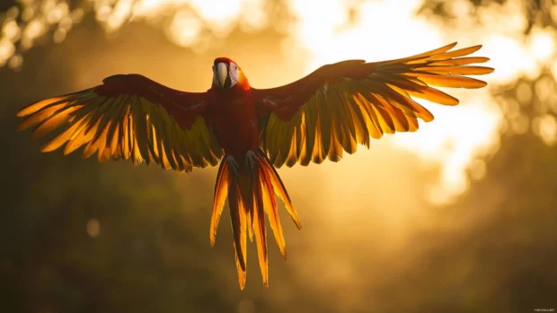 A scarlet macaw soaring above a misty jungle canopy at sunrise, wings wide open in perfect symmetry.