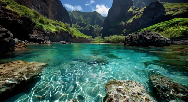 A secluded Hawaii beach cove with clear blue waters and a backdrop of lush, green mountains.