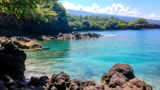 A secluded summer Hawaii desktop wallpaper beach cove with clear blue waters.