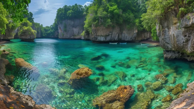 A secluded tropical cove with colorful coral reefs visible below the surface.