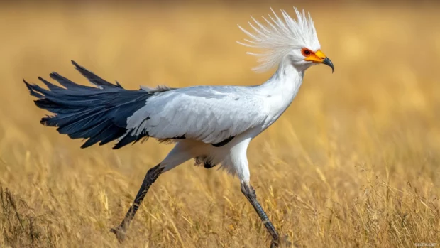 A secretary bird walking through tall African grasslands, its long legs and crest catching the wind.