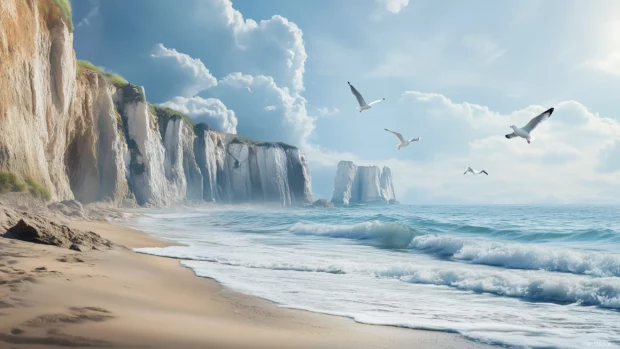 A serene California beach with gentle waves lapping the shore.