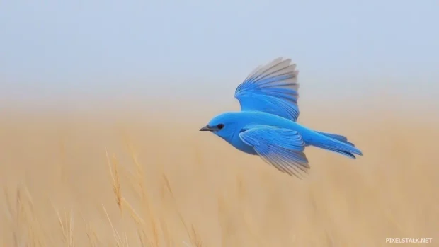 A serene bluebird flying through early morning fog over golden grasslands.