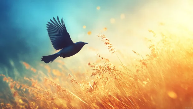 A serene bluebird flying through early morning fog over golden grasslands, ideal for a blue bird desktop wallpaper.