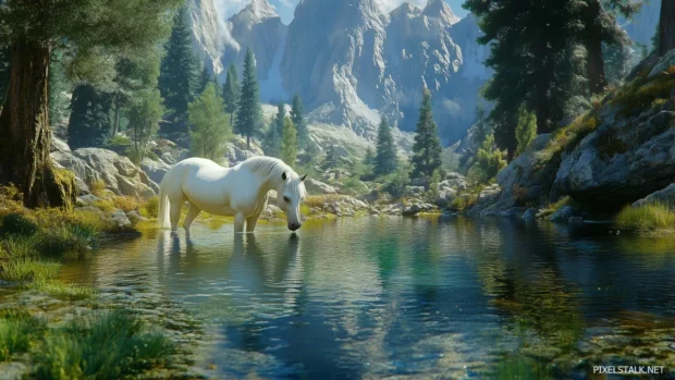 A serene image of a white horse wading through a crystal clear lake, reflections of the surrounding mountains visible in the water, capturing the beauty of nature.