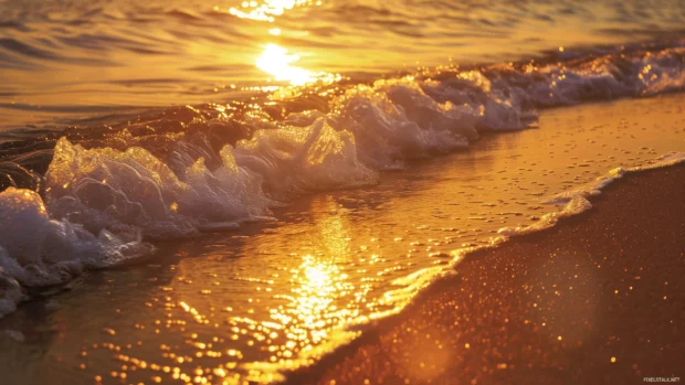 A serene sunset beach with gentle waves and golden sand.