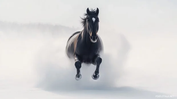 A silhouette of a black horse against a vibrant sunset, highlighting its graceful form as it stands atop a hill.