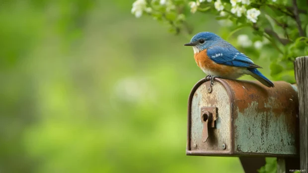 A single bluebird resting on an antique mailbox in the countryside.