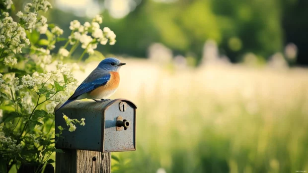 A single bluebird resting on an antique mailbox in the countryside, designed for blue bird desktop wallpaper.