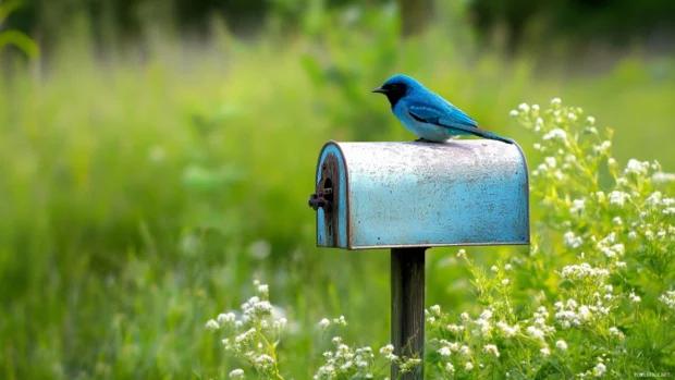 A single bluebird resting on an antique mailbox in the countryside, designed for blue bird desktop wallpaper.