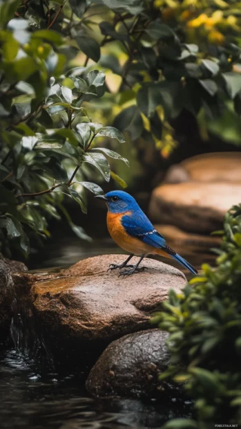 A single bluebird standing on a stone in a narrow stream.