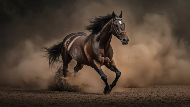 A sleek racehorse sprinting down the track, with motion blur on its legs and the dust flying behind it, emphasizing speed and agility.