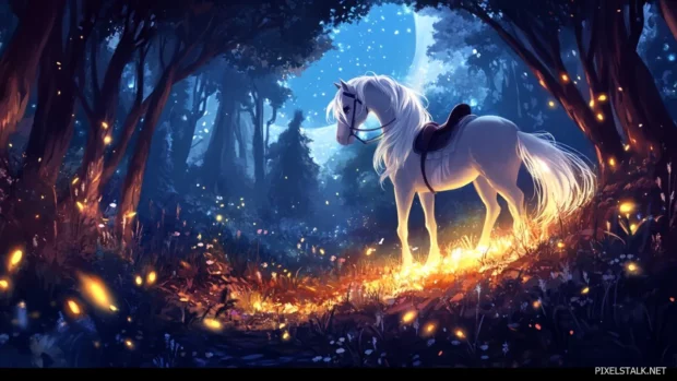 A small saddle on a cute anime horse, glowing fireflies around in moonlight.