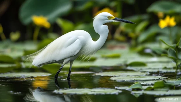 A snowy egret standing still in a quiet lagoon, long black legs cutting into the mirror like surface.
