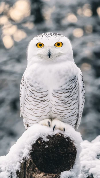 A snowy owl staring directly into the camera from a frosty log, golden eyes glowing.