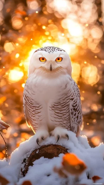 A snowy owl staring directly into the camera from a frosty log, golden eyes glowing, a dramatic bird iPhone background.