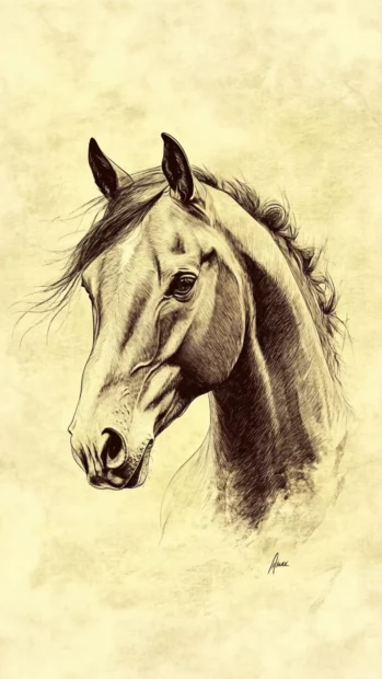 A soft pencil sketch of a horse head, delicately detailed with shading, set against a textured paper background.