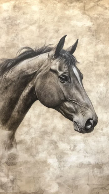 A soft pencil sketch of a horse's head, delicately detailed with shading.