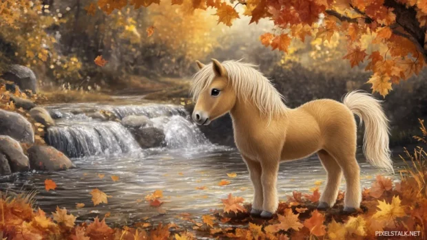 A soft watercolor painting of a small, golden pony standing near a sparkling river, warm autumn leaves surrounding the scene.