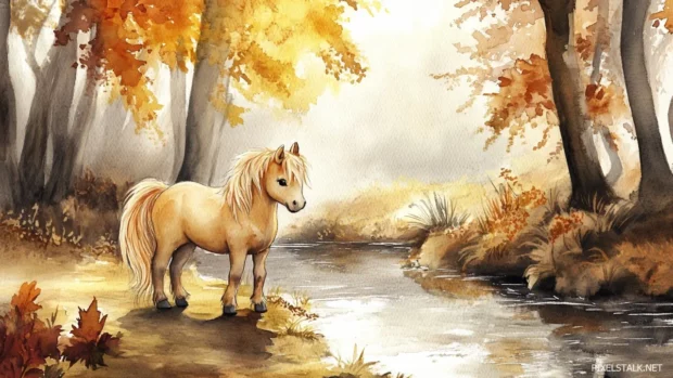 A soft watercolor painting of a small, golden pony standing near a sparkling river, warm autumn leaves surrounding the scene.