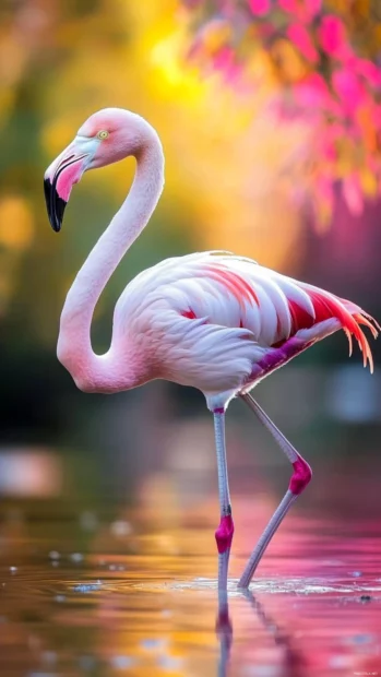 A solitary flamingo standing on one leg in shallow water, soft reflections and pastel tones in the background.