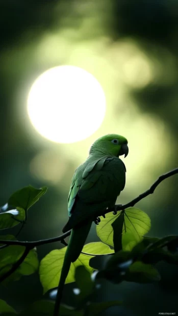 A solitary green parrot gazing at a full moon, beautifully composed for a parrot bird wallpaper.