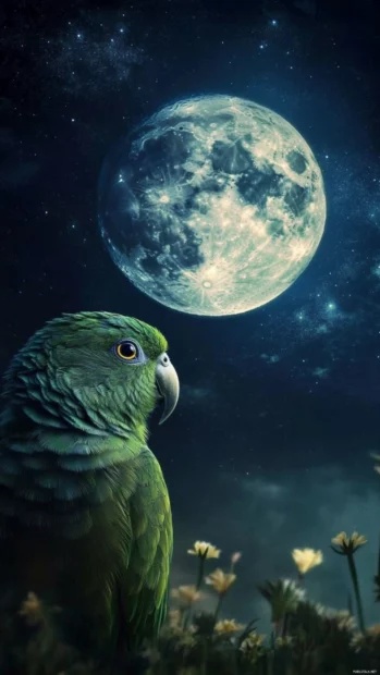 A solitary green parrot gazing at a full moon, beautifully composed for a parrot bird wallpaper.