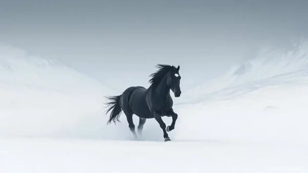 A striking image of a black horse running through the snow, contrasting sharply with the white landscape.