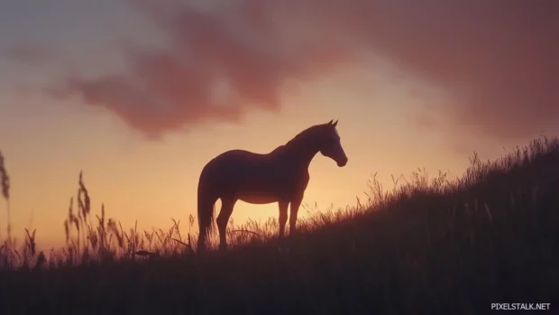 A striking silhouette of a white horse against a vibrant sunset, its elegant form outlined by the colorful sky, creating a dramatic and captivating scene.