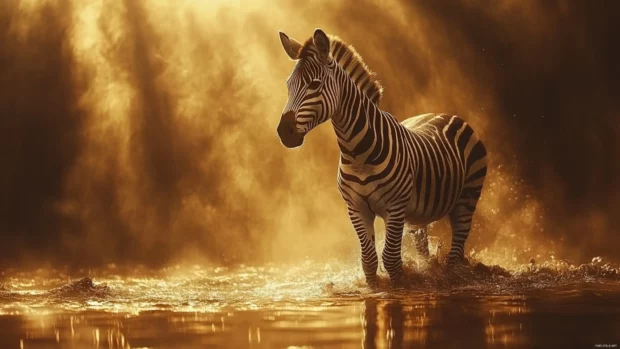 A striking zebra standing in a golden savanna, its black and white stripes creating a stunning contrast.