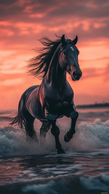 A stunning black horse galloping along a beach at sunset, with the ocean waves crashing in the background, creating a sense of freedom.