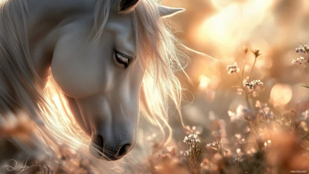 A stunning close up of a white horse’s face, showcasing its gentle eyes and flowing mane, set against a soft blurred background of wildflowers.