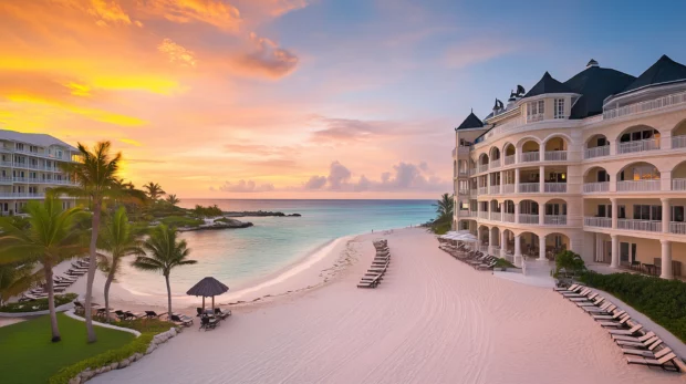 A stunning sunset over a Bahamas beach.
